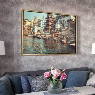 Banaras Ghats Painting Wall Art – Varanasi Riverfront with Golden Floater Frame – HD Print Large Canvas, Ready to Hang, Size: 3X4FT, (BAWA25).
