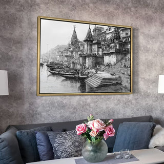 Banaras Ghats Painting Wall Art – Varanasi Riverfront with Golden Floater Frame – HD Print Large Canvas, Ready to Hang, Size: 3X4FT, (BAWA06).