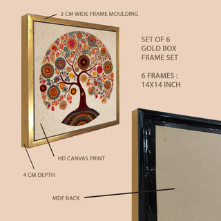 Ethnic Wall Art Set of 6 | HD Canvas Print | Ready to Hang | Golden Box Frame Panels for Home & Office Décor | Each Frame Size: 14X14 INCH (ETHF10)