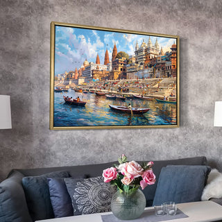 Banaras Ghats Painting Wall Art – Varanasi Riverfront with Golden Floater Frame – HD Print Large Canvas, Ready to Hang, Size: 3X4FT, (BAWA27).