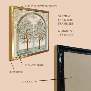 Ethnic Wall Art Set of 6 | HD Canvas Print | Ready to Hang | Golden Box Frame Panels for Home & Office Décor | Each Frame Size: 14X14 INCH (ETHF06)