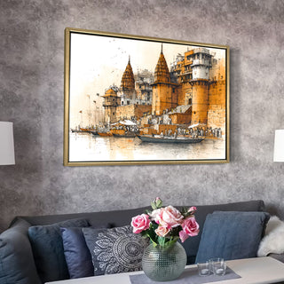 Banaras Ghats Painting Wall Art – Varanasi Riverfront with Golden Floater Frame – HD Print Large Canvas, Ready to Hang, Size: 3X4FT, (BAWA05).