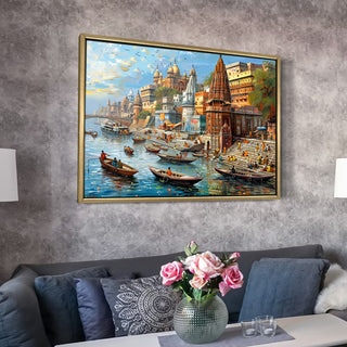 Banaras Ghats Painting Wall Art – Varanasi Riverfront with Golden Floater Frame – HD Print Large Canvas, Ready to Hang, Size: 3X4FT, (BAWA29).