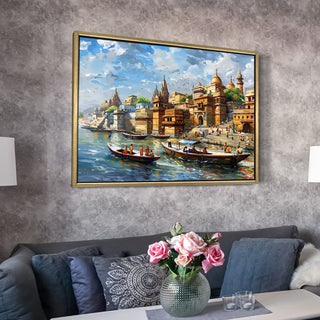 Banaras Ghats Painting Wall Art – Varanasi Riverfront with Golden Floater Frame – HD Print Large Canvas, Ready to Hang, Size: 3X4FT, (BAWA10).