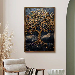 Abstract Golden Lucky Wish tree, HD Canvas Print, Framed, Ready to Hang. (20 In x 30 In) (VAWA009)