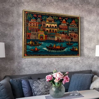 Banaras Ghats Painting Wall Art – Varanasi Riverfront with Golden Floater Frame – HD Print Large Canvas, Ready to Hang, Size: 3X4FT, (BAWA17).