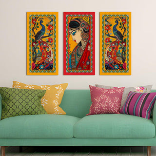 Madhubani Paintings for Living Room. Set of 3 Printed Canvas. Ready to Hang. Framed on Real Wood. 12 x 24 inch x 3 Frames. (MDBWA006)