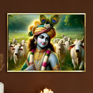 Lord Radha Krishna Divine Large Wall Art - Devotional Artwork Unique Religious Canvas Framed Paintings Modern Art For Living Room Bedroom Office Decor. (RKWA03)