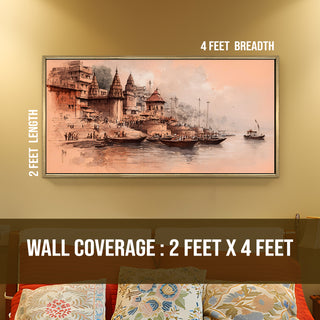 Banaras Ghats Painting Wall Art – Varanasi Riverfront with Golden Floater Frame – HD Print Large Canvas, Ready to Hang, Size: 2X4FT, (BAWA37).