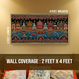 Banaras Ghats Painting Wall Art – Varanasi Riverfront with Golden Floater Frame – HD Print Large Canvas, Ready to Hang, Size: 2X4FT, (BAWA46).