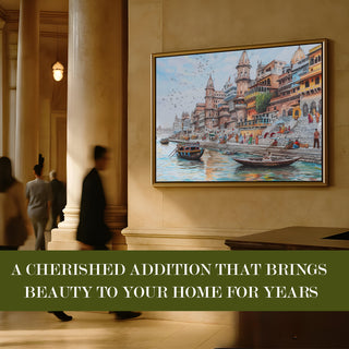 Banaras Ghats Painting Wall Art – Varanasi Riverfront with Golden Floater Frame – HD Print Large Canvas, Ready to Hang, Size: 3X4FT, (BAWA31).