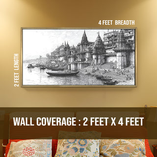 Banaras Ghats Painting Wall Art – Varanasi Riverfront with Golden Floater Frame – HD Print Large Canvas, Ready to Hang, Size: 2X4FT, (BAWA34).