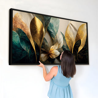 Elegant Large Golden Flower Canvas Wall Art For Living Room. Stylish Home and Office Décor for Living Room, Bedroom, Office, Hotels | Size: 24x48 In (FLWA26)