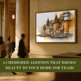 Banaras Ghats Painting Wall Art – Varanasi Riverfront with Golden Floater Frame – HD Print Large Canvas, Ready to Hang, Size: 3X4FT, (BAWA05).