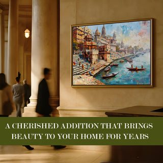 Banaras Ghats Painting Wall Art – Varanasi Riverfront with Golden Floater Frame – HD Print Large Canvas, Ready to Hang, Size: 3X4FT, (BAWA28).