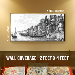 Banaras Ghats Painting Wall Art – Varanasi Riverfront with Golden Floater Frame – HD Print Large Canvas, Ready to Hang, Size: 2X4FT, (BAWA42).