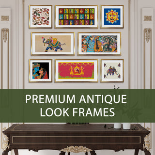 Indian Folk & Madhubani Art – Set of 8 Framed Acrylic Paintings in Golden Box Frames (INETHPA01)