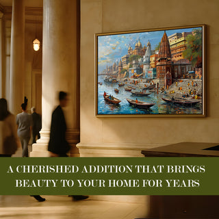 Banaras Ghats Painting Wall Art – Varanasi Riverfront with Golden Floater Frame – HD Print Large Canvas, Ready to Hang, Size: 3X4FT, (BAWA29).