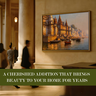 Banaras Ghats Painting Wall Art – Varanasi Riverfront with Golden Floater Frame – HD Print Large Canvas, Ready to Hang, Size: 3X4FT, (BAWA16).