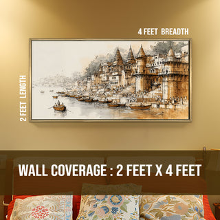 Banaras Ghats Painting Wall Art – Varanasi Riverfront with Golden Floater Frame – HD Print Large Canvas, Ready to Hang, Size: 2X4FT, (BAWA33).