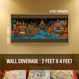 Banaras Ghats Painting Wall Art – Varanasi Riverfront with Golden Floater Frame – HD Print Large Canvas, Ready to Hang, Size: 2X4FT, (BAWA36).