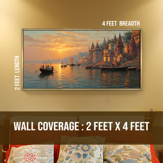 Banaras Ghats Painting Wall Art – Varanasi Riverfront with Golden Floater Frame – HD Print Large Canvas, Ready to Hang, Size: 2X4FT, (BAWA35).