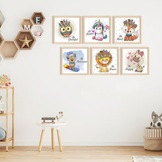 Kids Wall Art Set of 6 | HD Canvas Print | Ready to Hang | Natural Wood Panels for Nursery & Kids Room Decor | Each Frame Size: 10X10 INCH (KIDSET01)