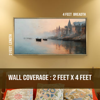 Banaras Ghats Painting Wall Art – Varanasi Riverfront with Golden Floater Frame – HD Print Large Canvas, Ready to Hang, Size: 2X4FT, (BAWA44).