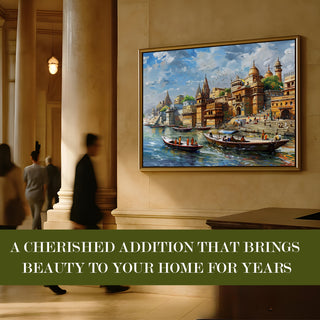 Banaras Ghats Painting Wall Art – Varanasi Riverfront with Golden Floater Frame – HD Print Large Canvas, Ready to Hang, Size: 3X4FT, (BAWA10).