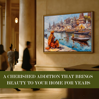Banaras Ghats Painting Wall Art – Varanasi Riverfront with Golden Floater Frame – HD Print Large Canvas, Ready to Hang, Size: 3X4FT, (BAWA23).
