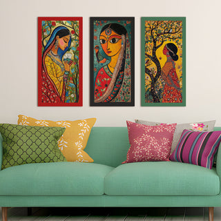 Madhubani paintings for living room. Set of 3 canvas wrapped framed madhubani art for wall decor. 12 x 24 inch x 3 frames (MDBWA002)