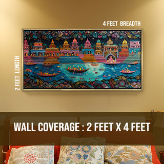 Banaras Ghats Painting Wall Art – Varanasi Riverfront with Golden Floater Frame – HD Print Large Canvas, Ready to Hang, Size: 2X4FT, (BAWA40).