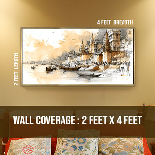 Banaras Ghats Painting Wall Art – Varanasi Riverfront with Golden Floater Frame – HD Print Large Canvas, Ready to Hang, Size: 2X4FT, (BAWA41).