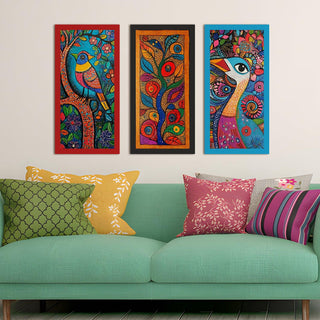 Madhubani paintings for living room. Set of 3 canvas wrapped framed madhubani art for wall decor. 12 x 24 inch x 3 frames (MDBWA005)