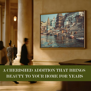 Banaras Ghats Painting Wall Art – Varanasi Riverfront with Golden Floater Frame – HD Print Large Canvas, Ready to Hang, Size: 3X4FT, (BAWA25).