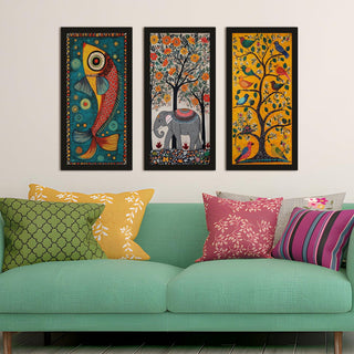 Madhubani paintings for living room. Set of 3 canvas wrapped framed madhubani art for wall decor. 12 x 24 inch x 3 frames (MDBWA003)