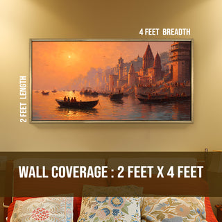 Banaras Ghats Painting Wall Art – Varanasi Riverfront with Golden Floater Frame – HD Print Large Canvas, Ready to Hang, Size: 2X4FT, (BAWA39).