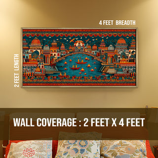 Banaras Ghats Painting Wall Art – Varanasi Riverfront with Golden Floater Frame – HD Print Large Canvas, Ready to Hang, Size: 2X4FT, (BAWA32).