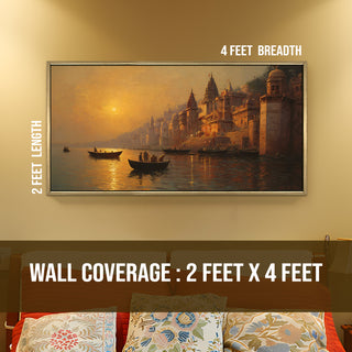 Banaras Ghats Painting Wall Art – Varanasi Riverfront with Golden Floater Frame – HD Print Large Canvas, Ready to Hang, Size: 2X4FT, (BAWA45).