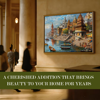 Banaras Ghats Painting Wall Art – Varanasi Riverfront with Golden Floater Frame – HD Print Large Canvas, Ready to Hang, Size: 3X4FT, (BAWA24).