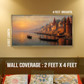 Banaras Ghats Painting Wall Art – Varanasi Riverfront with Golden Floater Frame – HD Print Large Canvas, Ready to Hang, Size: 2X4FT, (BAWA43).