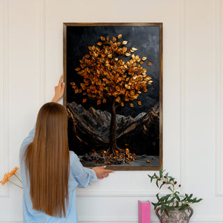 Abstract Golden Lucky Wish tree, HD Canvas Print, Framed, Ready to Hang.(20In x 30In) (VAWA008)