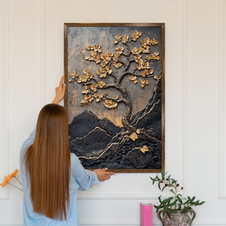 Abstract Golden Lucky Wish tree, HD Canvas Print, Framed, Ready to Hang.(20In x 30In) (VAWA007)