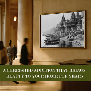 Banaras Ghats Painting Wall Art – Varanasi Riverfront with Golden Floater Frame – HD Print Large Canvas, Ready to Hang, Size: 3X4FT, (BAWA18).