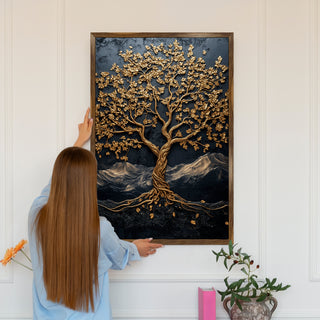 Abstract Golden Lucky Wish tree, HD Canvas Print, Framed, Ready to Hang. (20 In x 30 In) (VAWA009)