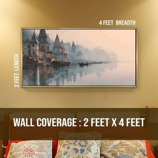 Banaras Ghats Painting Wall Art – Varanasi Riverfront with Golden Floater Frame – HD Print Large Canvas, Ready to Hang, Size: 2X4FT, (BAWA38).