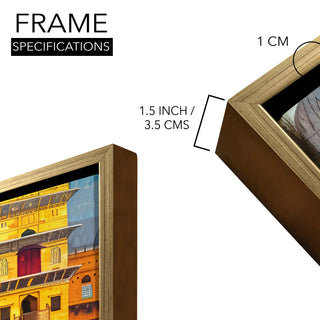 Banaras Ghats Painting Wall Art – Varanasi Riverfront with Golden Floater Frame – HD Print Large Canvas, Ready to Hang, Size: 3X4FT, (BAWA11).