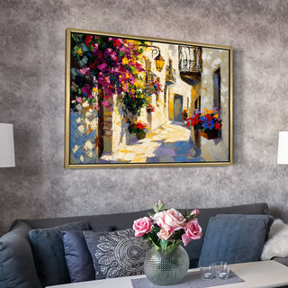 Narrow alley with balconies full of flowers Wall Art, HD Canvas Print, Golden Floater Framed, Ready to Hang, (36 In x 48 In) (CITY-WA-07)