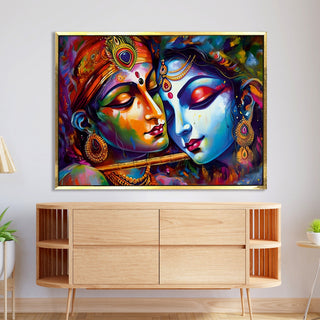 Lord Radha Krishna Divine Large Wall Art - Devotional Artwork Unique Religious Canvas Framed Paintings Modern Art For Living Room Bedroom Office Decor. (RKWA05)