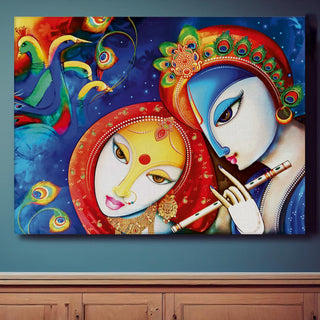Lord Radha Krishna Divine Large Wall Art - Devotional Artwork Unique Religious Canvas Framed Paintings Modern Art For Living Room Bedroom Office Decor. (RKWA04)
